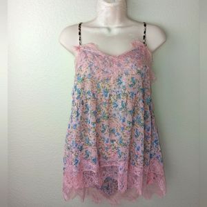 Umgee Tank Top Pink & Blue Floral & Lace Boho Peasant Cottagecore Camisole
